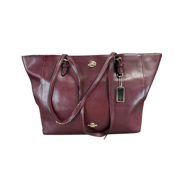 Coach Turnlock Leather Tote Bag Oxblood Burgundy Pebbled Gold Hardware - Picture 4 of 14